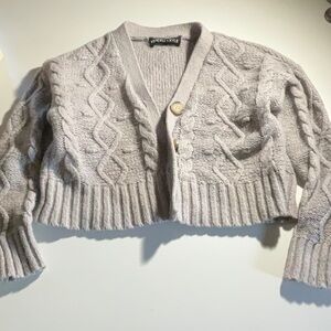 Gray Cropped Cable Knit Cardigan Sweater